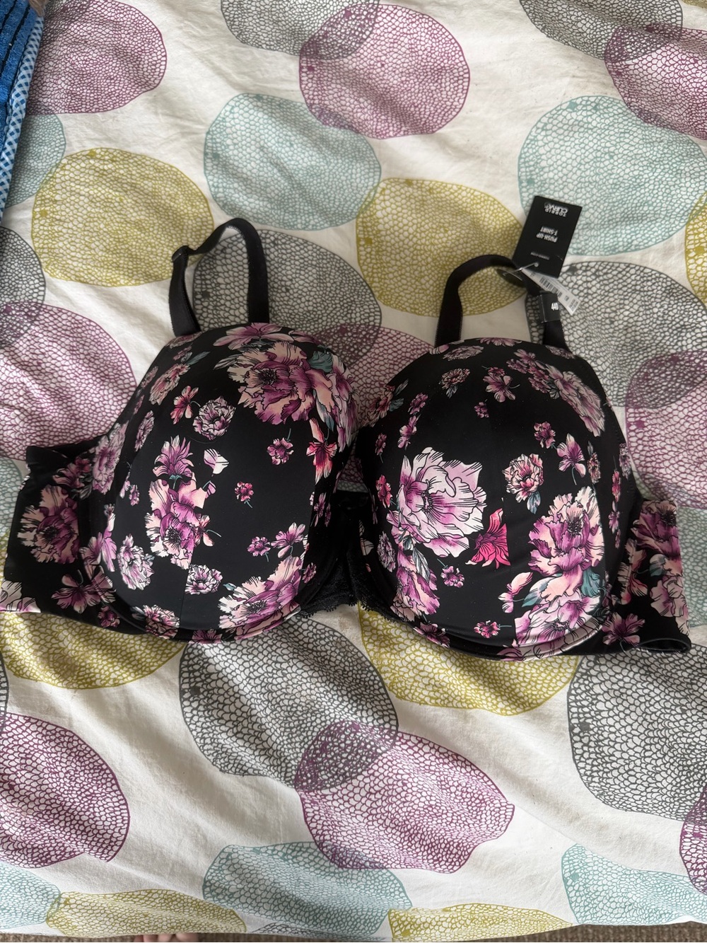 Torrid Padded T-Shirt Bra - Black with Pink Floral Print Brand New